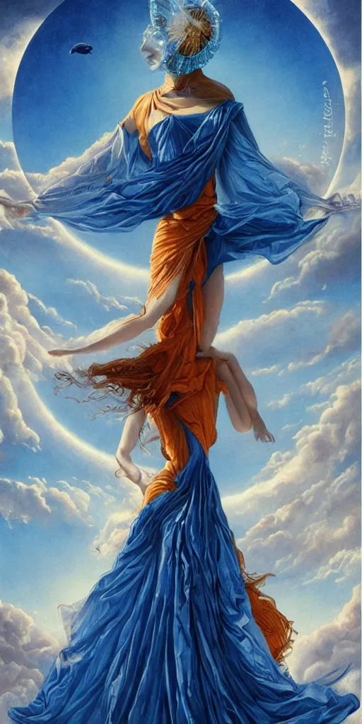 Prompt: full body portrait of beautiful goddess of mars theme inspired wearing blue and white carved details moving dress, she is floating in the air, planet mars in the background, open sky, highly detailed, mystical, little orange fog, circle forms, iper realistic, paint on canvas, art by tom bagshaw and karol bak