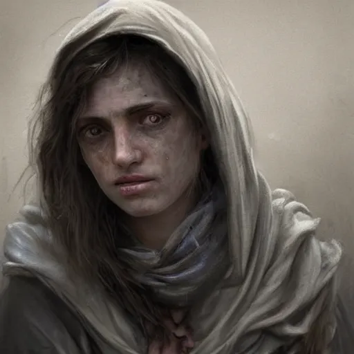 Prompt: Epic portrait A homeless female, sad, tearing up, dirty clothes, dirty face, digital painting, artstation, concept art, soft light, hdri, smooth, sharp focus, illustration, fantasy, intricate, elegant, highly detailed, D&D, matte painting, in the style of Greg Rutkowski and Alphonse Mucha and artemisia, 8k, highly detailed, jurgens, rutkowski, bouguereau, pastoral, rustic, georgic