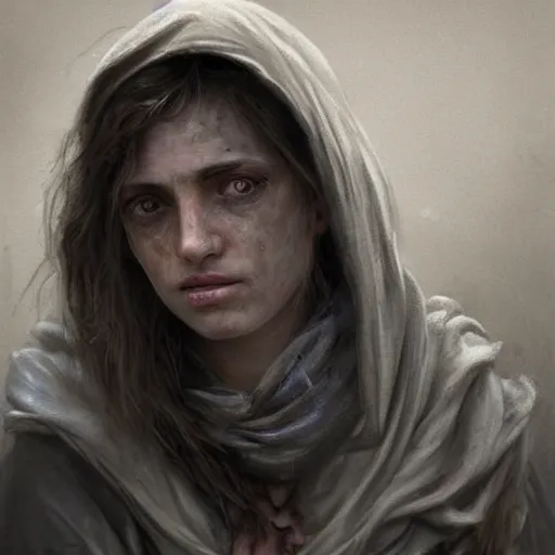 Image similar to Epic portrait A homeless female, sad, tearing up, dirty clothes, dirty face, digital painting, artstation, concept art, soft light, hdri, smooth, sharp focus, illustration, fantasy, intricate, elegant, highly detailed, D&D, matte painting, in the style of Greg Rutkowski and Alphonse Mucha and artemisia, 8k, highly detailed, jurgens, rutkowski, bouguereau, pastoral, rustic, georgic