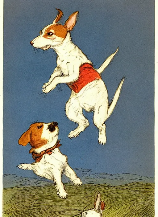 Image similar to jack russel terrier jumping over and over, illustrated by peggy fortnum and beatrix potter and sir john tenniel