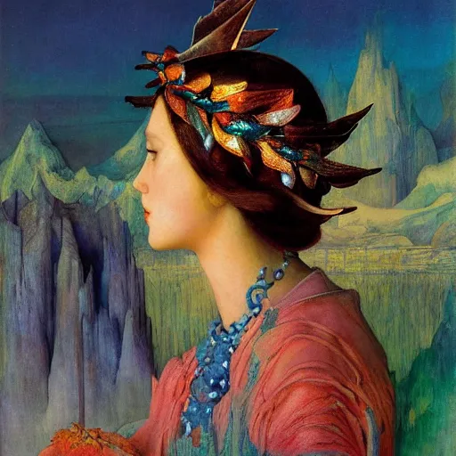 Image similar to child of the city of ice, by Annie Swynnerton and Diego Rivera and Tino Rodriguez and Maxfield Parrish, elaborate headdress, iridescent beetles, rich color, dramatic cinematic lighting, extremely detailed