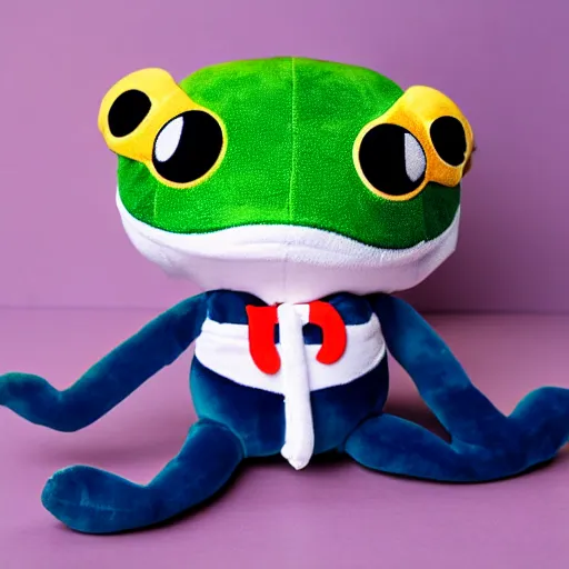 Image similar to frog wearing a sailor suit, plushie photography,