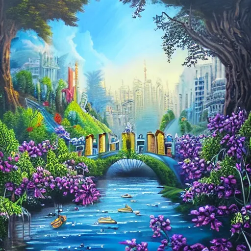 Image similar to Beautiful city of the future in harmony with nature. Beautiful detailed painting by Lurid. (2022)