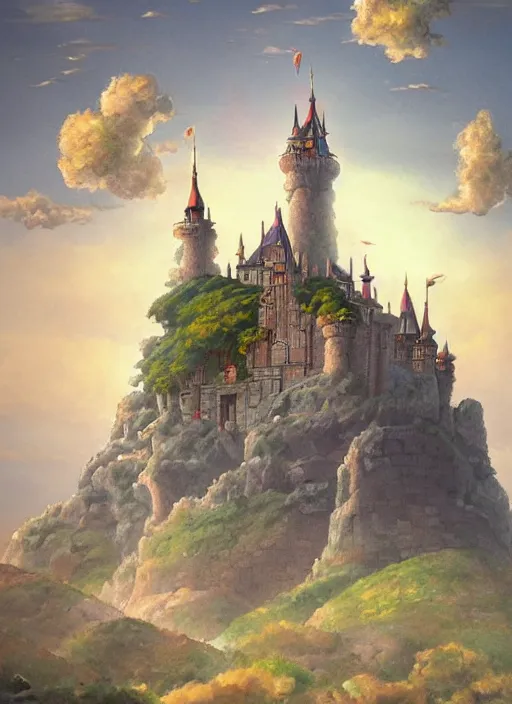 Image similar to 2 d illustration of a castle in the sky, concept art by hayao miyazaki, featured on pixiv, fantasy art, concept art, official art, high detailed