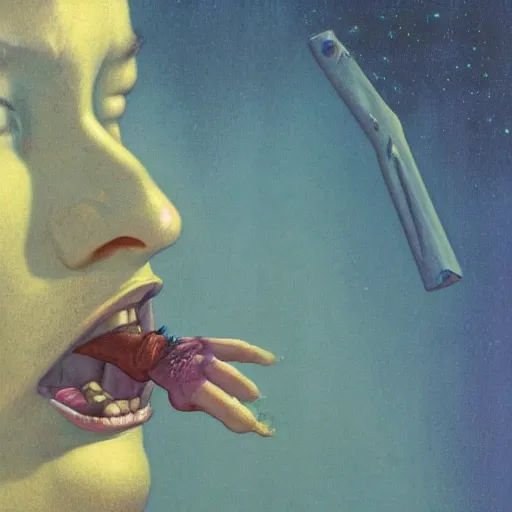 Image similar to a scifi closeup portrait of a young british man licking a blotter paper of LSD acid on his tongue and dreaming psychedelic hallucinations in cosmos, by kawase hasui, moebius, Edward Hopper and James Gilleard, Zdzislaw Beksinski, Steven Outram colorful flat surreal design, hd, 8k, artstation