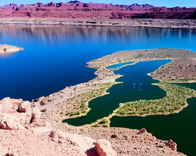 Image similar to there is a void made of teeth in lake havasu in the foreground with water reflections. my teeth are sharp. tourist trap.