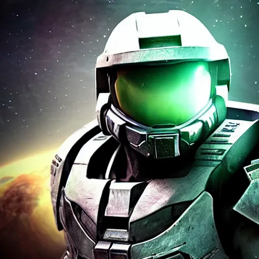 Image similar to master chief, John 117 in space, portrait, 8k photorealistic, award winning beautiful photo