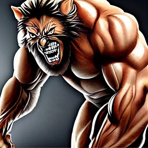 Prompt: a steroids werewolf with absurdly big muscles, intense expression, film still