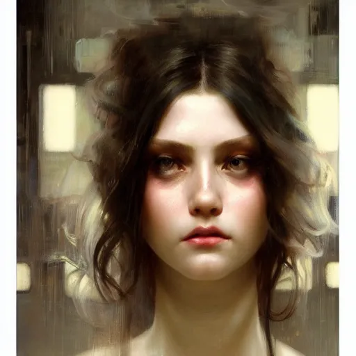 Prompt: hyperrealist portrait of a pretty young female android with large eyes and long hair standing in front of a computer simulation by jeremy mann and alphonse mucha, fantasy art, photo realistic, dynamic lighting, artstation, poster, volumetric lighting, very detailed faces, award winning