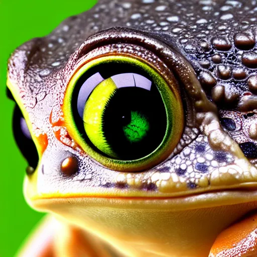 Image similar to closeup of a frog with the eyes of a house - fly, creature hybrid, high resolution photo, trending on artstation, 8 k