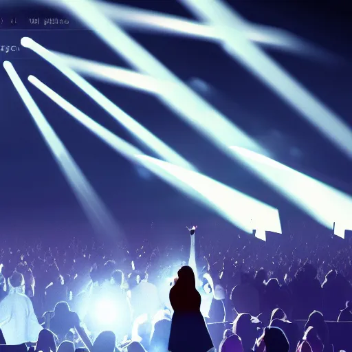 Prompt: a lone singer on stage, with spotlight beam, huge crowd in audience, facing stage, zoom lens, ultra realistic, artstation, dramatic lighting, album