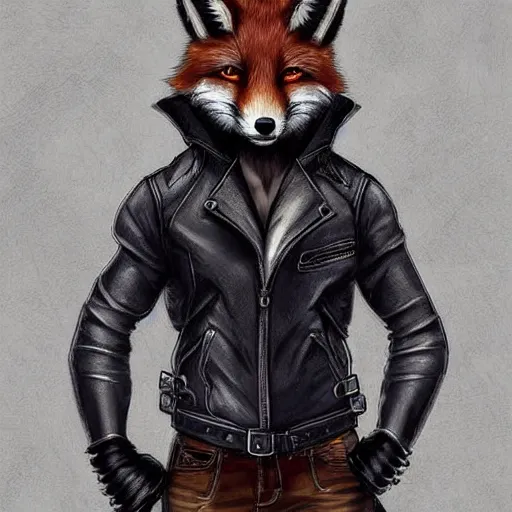 Prompt: A fox with a small head wearing a leather jacket and leather jeans and leather gloves, trending on FurAffinity, energetic, dynamic, digital art, highly detailed, FurAffinity, high quality, digital fantasy art, FurAffinity, favorite, character art