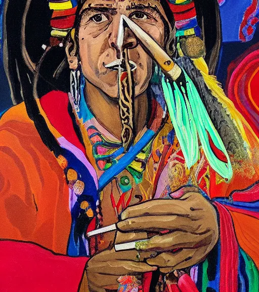 Image similar to Painting of a shaman dressed in a colorful traditional clothes. He is smoking a pipe and blowing out smoke which is morphing into fractals