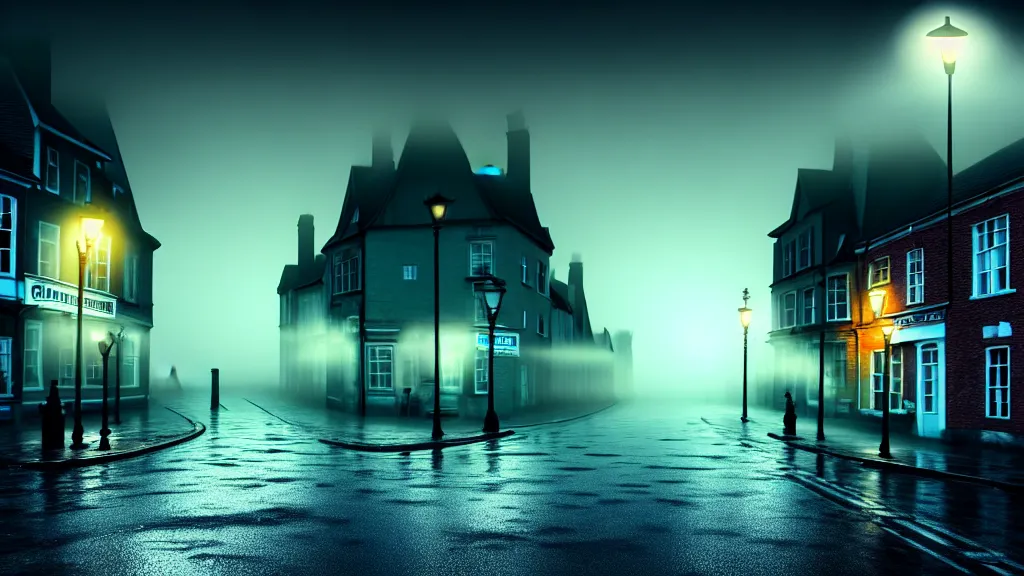 Image similar to the old town with houses in the windows of which the light is on. early morning, fog on ground, wet street. mike barr painting. volumetric light, derk cyan ambient, noir arthouse, 3 5 mm, hight detalied, hd, 4 k