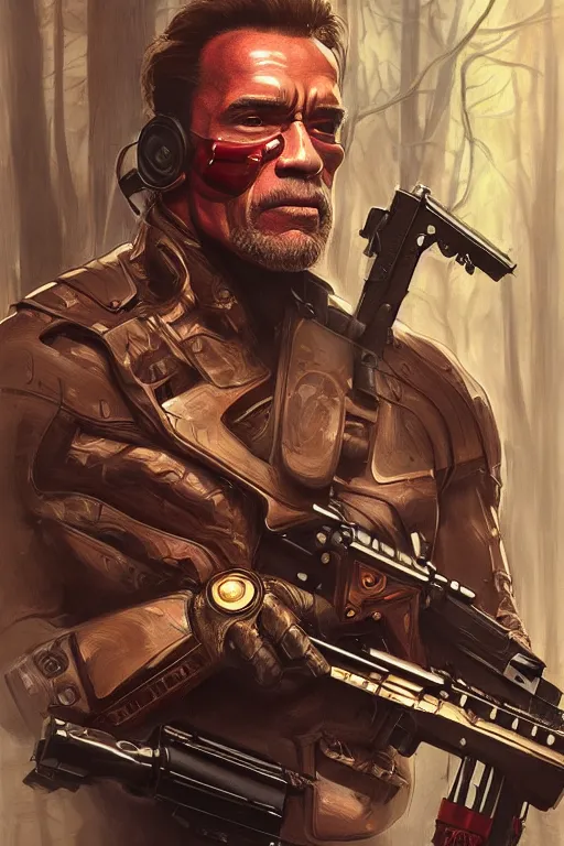 Image similar to beautiful cottagecore arnold schwarzenegger as terminator holding a pump action shotgun, red bionic eye, dark forest, intricate, elegant, highly detailed, digital painting, artstation, concept art, smooth, sharp, focus, illustration, art by artgerm and greg rutkowski and alphonse mucha