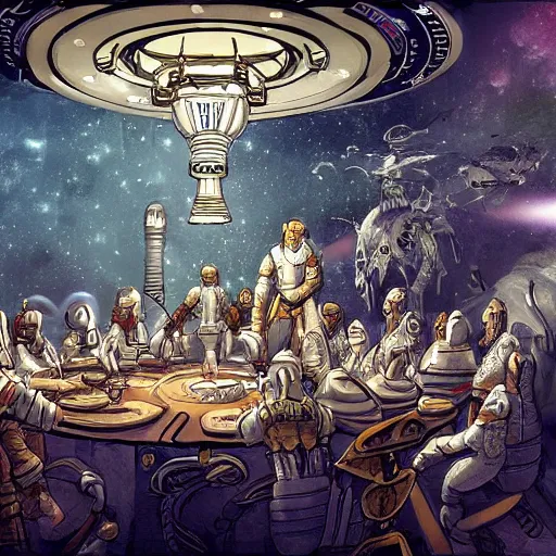 Image similar to astronauts of the round table, king arthur in space concept art, high details, intricate details, cinematic light