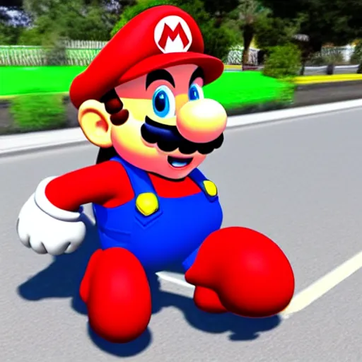 Prompt: mario mario driving a car, ultra realistic