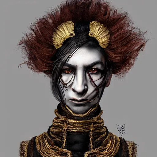 Image similar to portrait of a Shibari rope wrapped face and neck, headshot, insanely nice professional hair style, dramatic hair color, digital painting, of a old 15th century, roman soilder, amber jewels, baroque, ornate clothing, scifi, realistic, hyperdetailed, chiaroscuro, concept art, art by Franz Hals and Jon Foster and Ayami Kojima and Amano and Karol Bak,