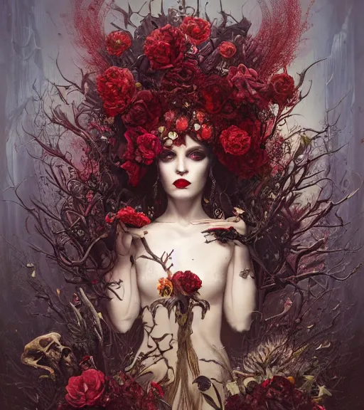 Image similar to portrait of the supreme queen of the blood cult, surrounded by skulls and overgrowth and dark flowers by karol bak, WLOP, James Jean, tom bagshaw, rococo, trending on artstation, cinematic lighting, hyper realism, octane render, 8k, hyper detailed.