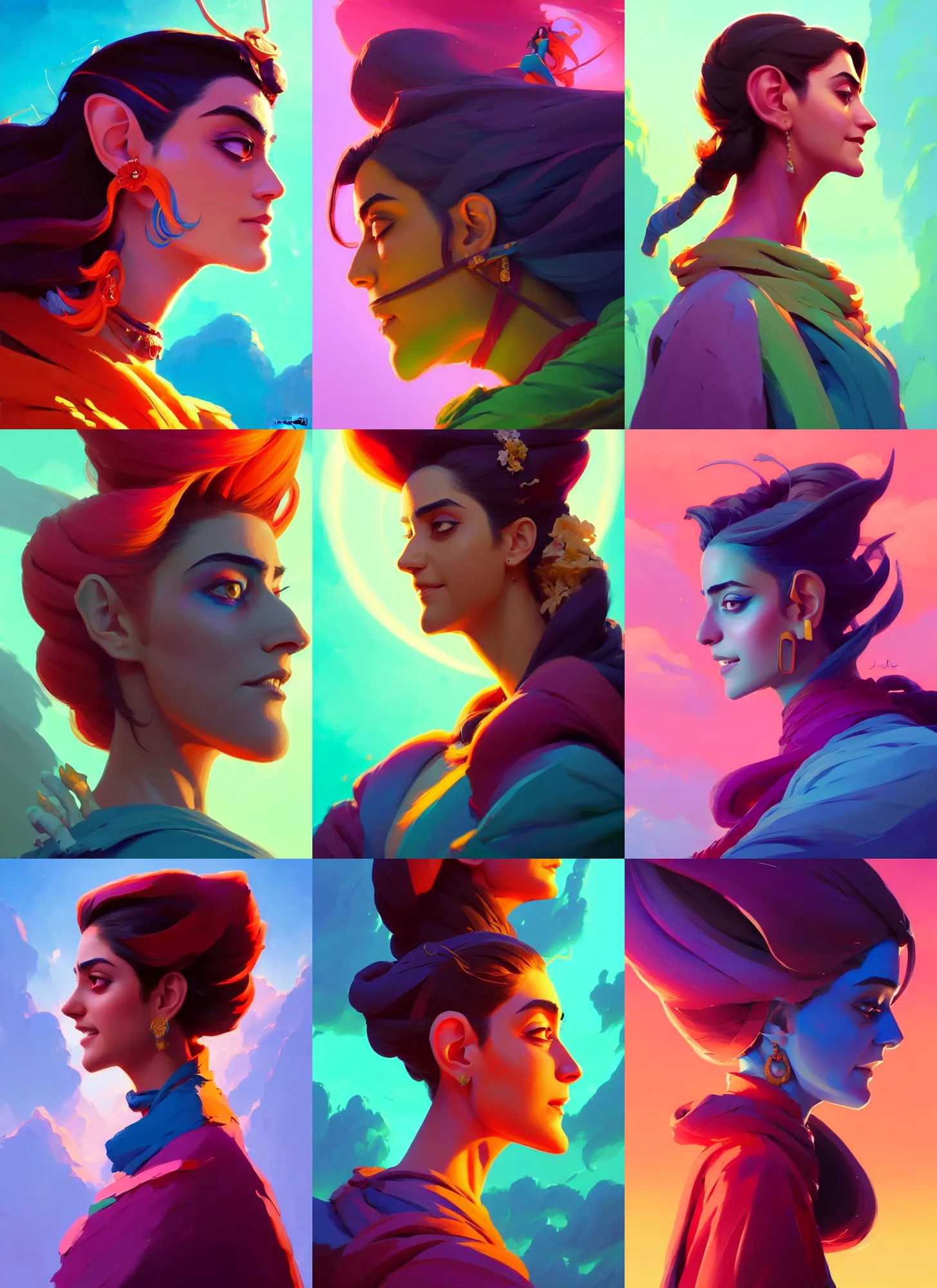 Prompt: side - profile painted portrait, maya ali as a sorcerer, bright backlit, fantastically gaudy colors, octane render, matte painting concept art, official fanart behance hd artstation by jesper ejsing, by rhads and makoto shinkai and lois van baarle and ilya kuvshinov and rossdraws