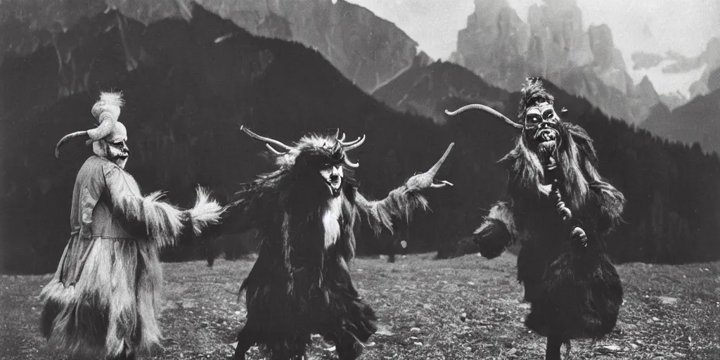 Image similar to krampus with big beak dancing in dolomites, hay fur, austrian folklore, 1920s photography, grainy, eerie, dark