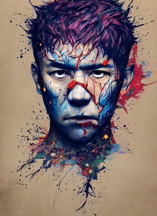 Prompt: beautiful portrait of Gojo Satoru Jujutsu Kaisen, by Tristan Eaton, Stanley Artgermm, Tom Bagshaw, Greg Rutkowski, Carne Griffiths. trending on DeviantArt, face enhance, hyper detailed, trending on Artstation, 8k, masterpiece, graffiti paint, fine detail, full of color, intricate detail, golden ratio illustration