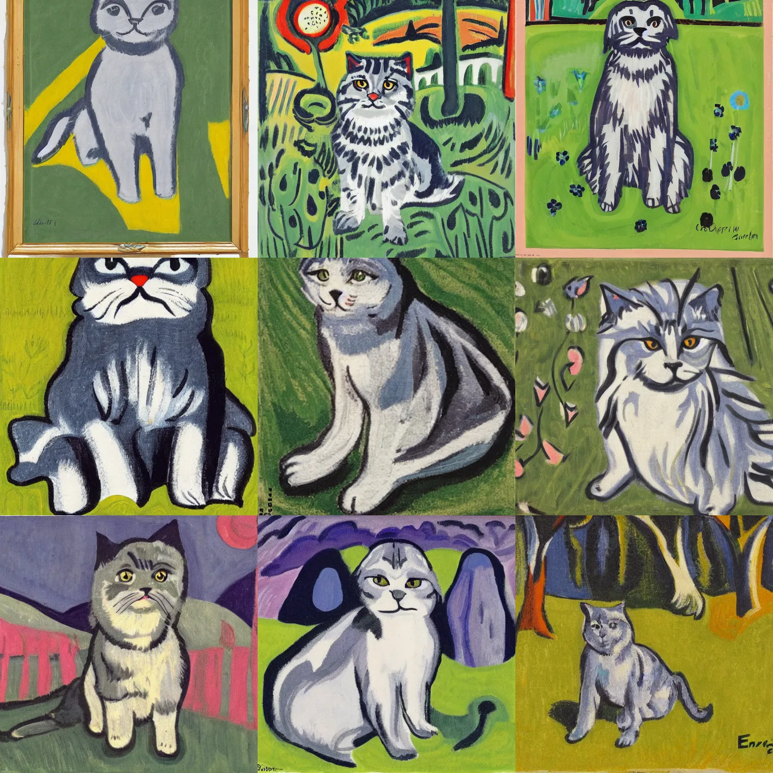 Image similar to a gray scottish fold sitting in the middle of sunny meadow, by ernst ludwig kirchner