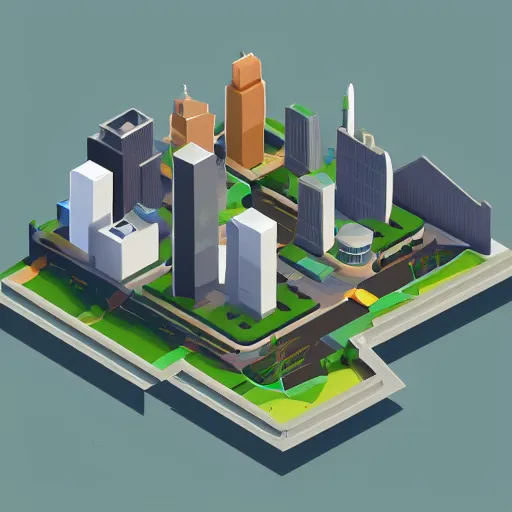 Prompt: Isometric 3D view of the city, lowpoly digital art
