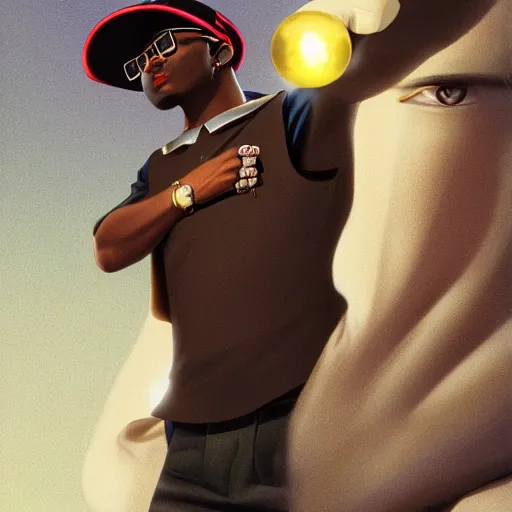 Prompt: black man wearing cartier glasses and baseball cap, diamond chain, dramatic lighting, by huang guangjian and gil elvgren and sachin teng