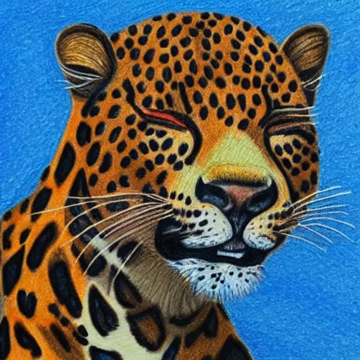 Prompt: colored pencil drawing of a happy leopard