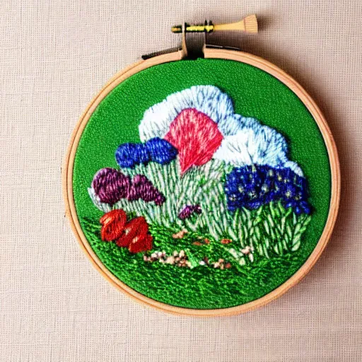 Prompt: a tiny beautiful handmade embroidery of a vegetable patch. hand embroidery.
