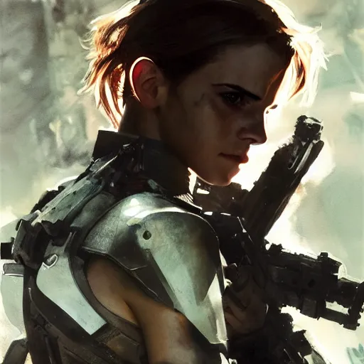 Image similar to emma watson wearing metal gear armor dramatic lighting cinematic cinematic lighting art by Richard Schmid by Yoji Shinkawa by greg rutkowski