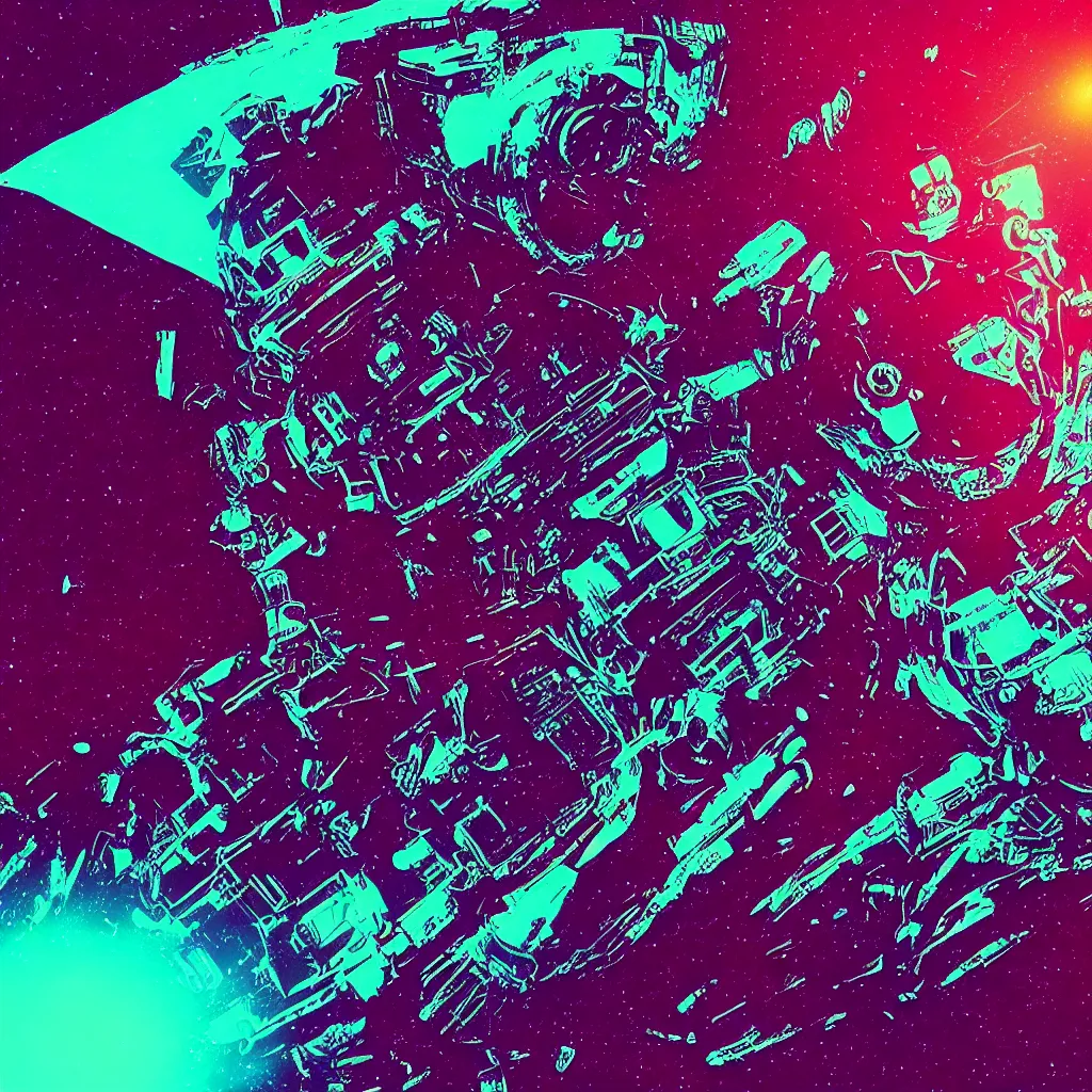 Prompt: astronaut sucked into blackhole synthwave, glitchy, reflective, holographic, anaglyph