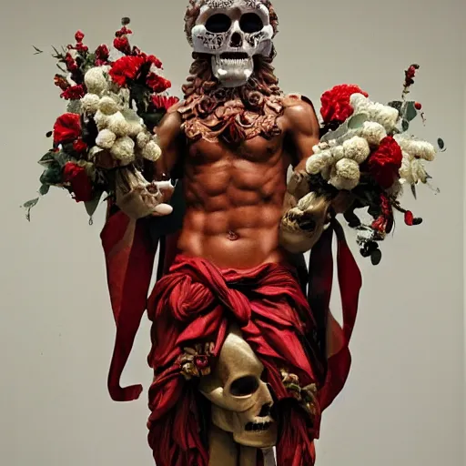 Image similar to a man in the form of a Greek sculpture with a mask in the form of a skull and wreath of flowers skulls in hands dressed in a biomechanical dress, red white and gold color scheme, baroque, by Michelangelo