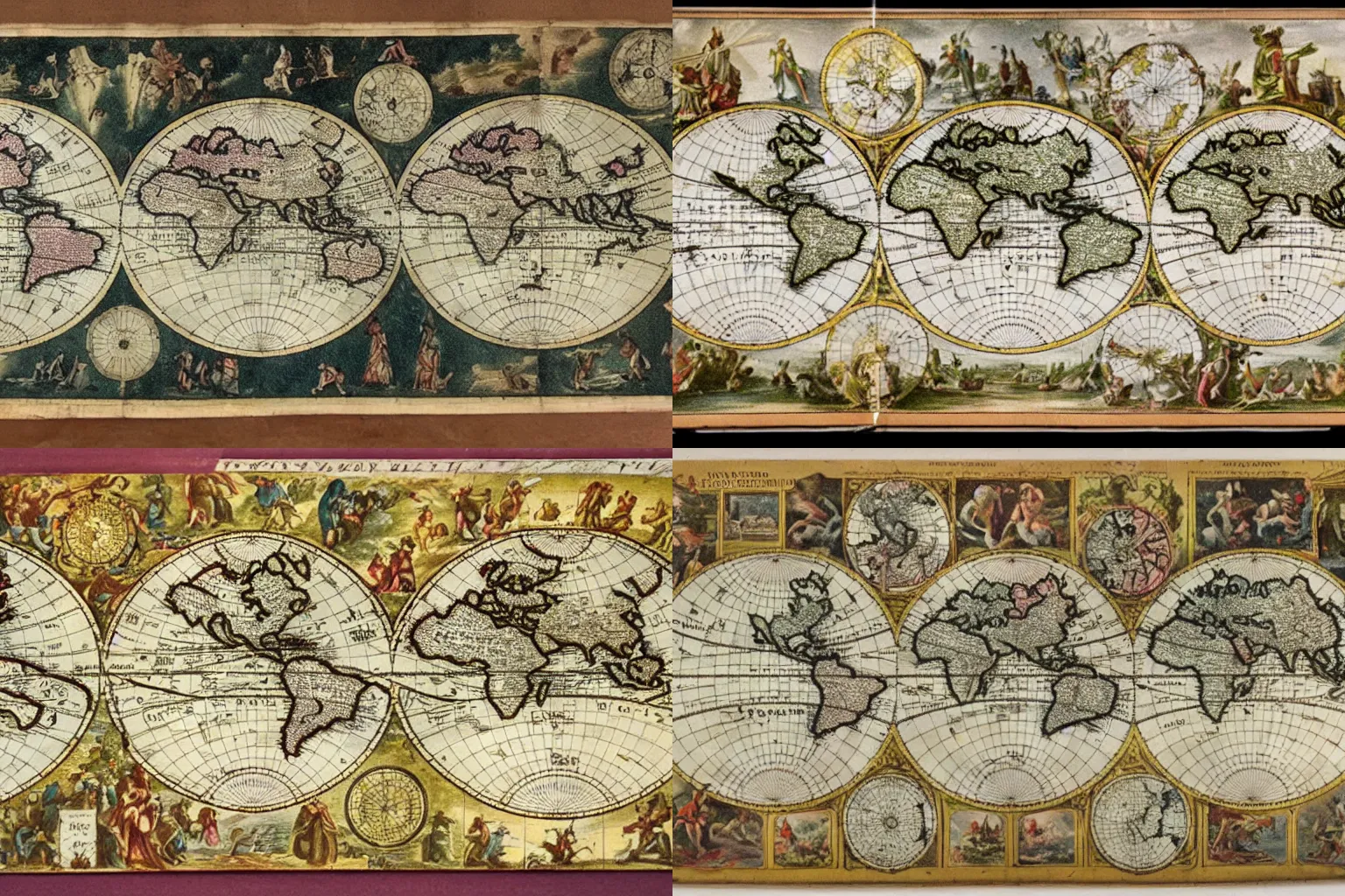 Prompt: vintage 1600s world map, carte a bordures, carte a figures
