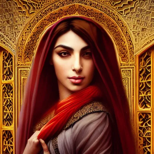 Image similar to Beautiful portrait of a Persian Princess who is an architect, beautiful princess, face painting, architecture, persian style architecture, dramatic lighting, intricate, wild, highly detailed, digital painting, artstation, concept art, smooth, sharp focus, illustration, black+velvet+red, art by artgerm and greg rutkowski and alphonse mucha, footage from space camera