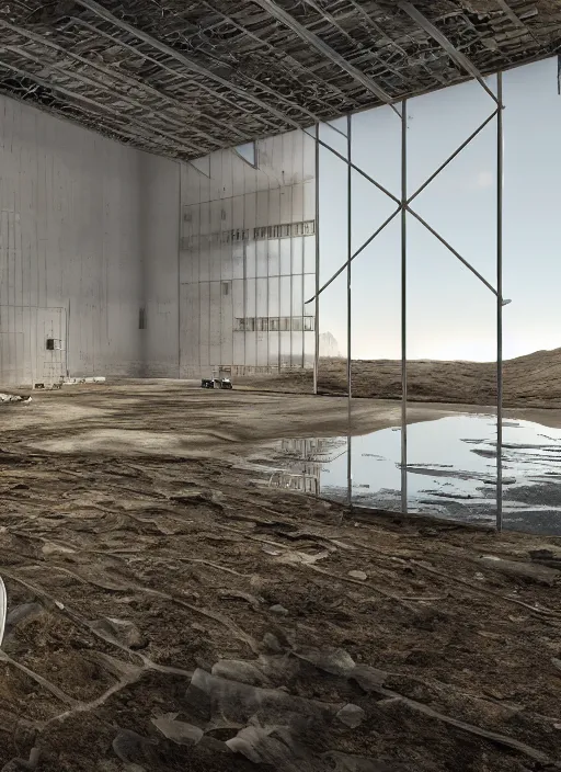 Prompt: interior hangar bioremediation white architecture, in the mining tailings of chuquicamata, epic, cinematic, hyperealistic, high detailed, corona render, hdr, ray tracing
