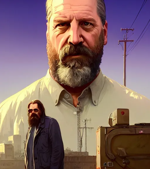 Image similar to highly detailed portrait of the dude from the big lebowski in gta v, stephen bliss, unreal engine, fantasy art by greg rutkowski, loish, rhads, ferdinand knab, makoto shinkai and lois van baarle, ilya kuvshinov, rossdraws, tom bagshaw, global illumination, radiant light, detailed and intricate environment