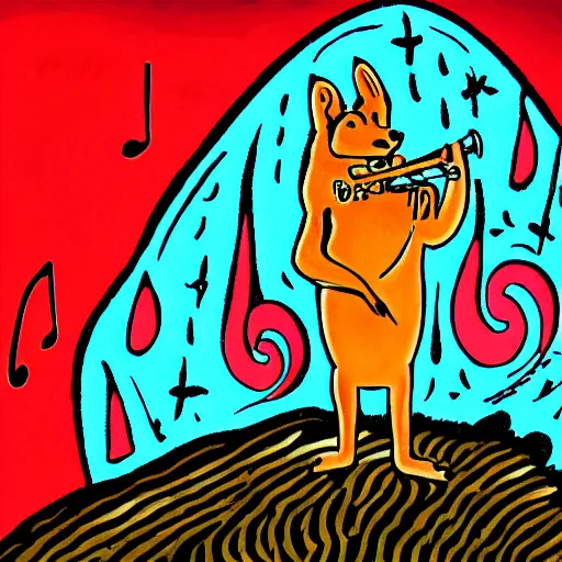 Prompt: a killer acid illustration of a dingo trumpet player standing alone on a hill near the river, filling the sky with music