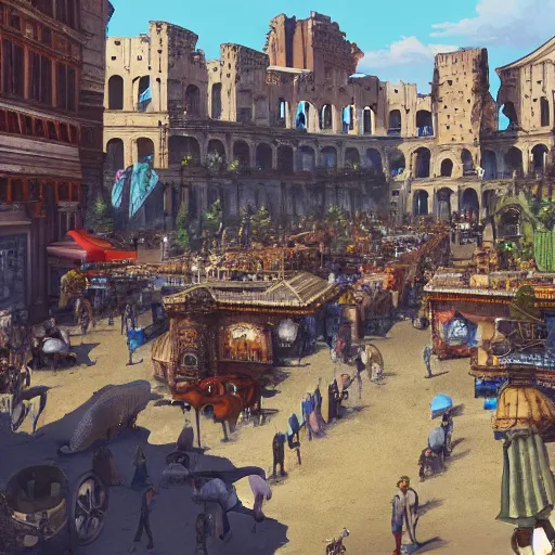 Image similar to busy d & d city with distant colosseum, horses and carriages in first person street view, artstation