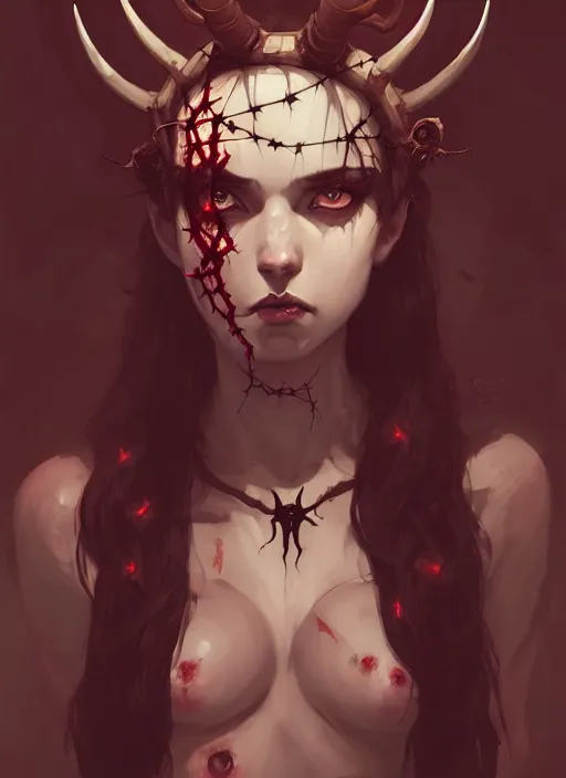 Image similar to portrait of cute succubus girl with crown of thorns and horns covered with runic tattoos, dark fantasy, by atey ghailan, by greg rutkowski, by greg tocchini, by james gilleard, by joe gb fenton, by in kaethe butcher, dynamic lighting, gradient light red, brown, blonde cream and white color in scheme, grunge aesthetic