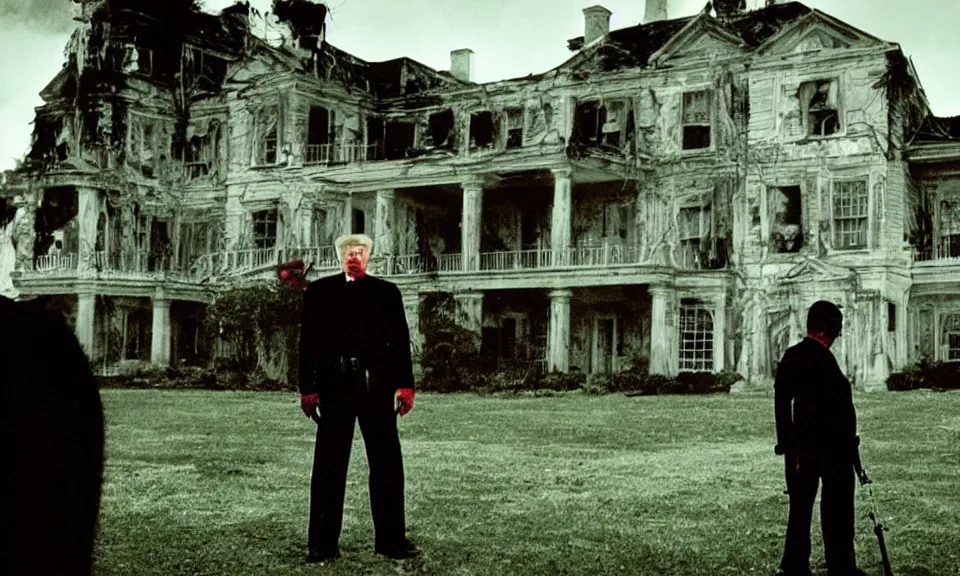 Image similar to 35mm film still, Resident evil, Donald trump in front of mansion, zombie, spooky, horror, old, dirty, reversal film stock