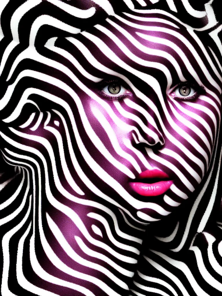 Image similar to a beautiful female face made of illusory motion dazzle camouflage perlin noise optical illusion