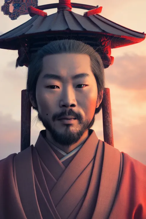 Prompt: Closeup portrait of a samurai wearing a sashimono. Red rising sun and Torii gate in background. Unique godlike samurai. Greg rutkowski legendary matte painting.. 4k, particles light,