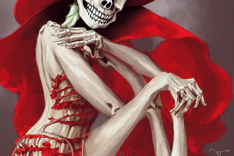 Prompt: cute & beautiful smiling mexican undead skeleton girl wearing a sombrero and a wide red dress, elegant, digital art, fantasy, pixar style, painting, pin up, highly detailed, artstation, art by artgerm, vrubel, boris vallejo and ilya kuvshinov