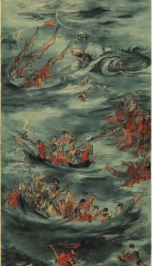 Prompt: man on boat crossing a body of water in hell with creatures in the water, sea of souls, by qian xuan