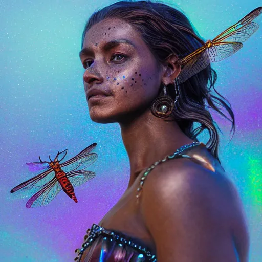 Prompt: brown woman wearing a shiny dragonfly armor. shimmering. iridiscent. thin - film interference. super detailed. layered. textured. award winning. dispersion of light. refracted lighting. soft. fragile. vunerable. extremely photorealistic. 8 k