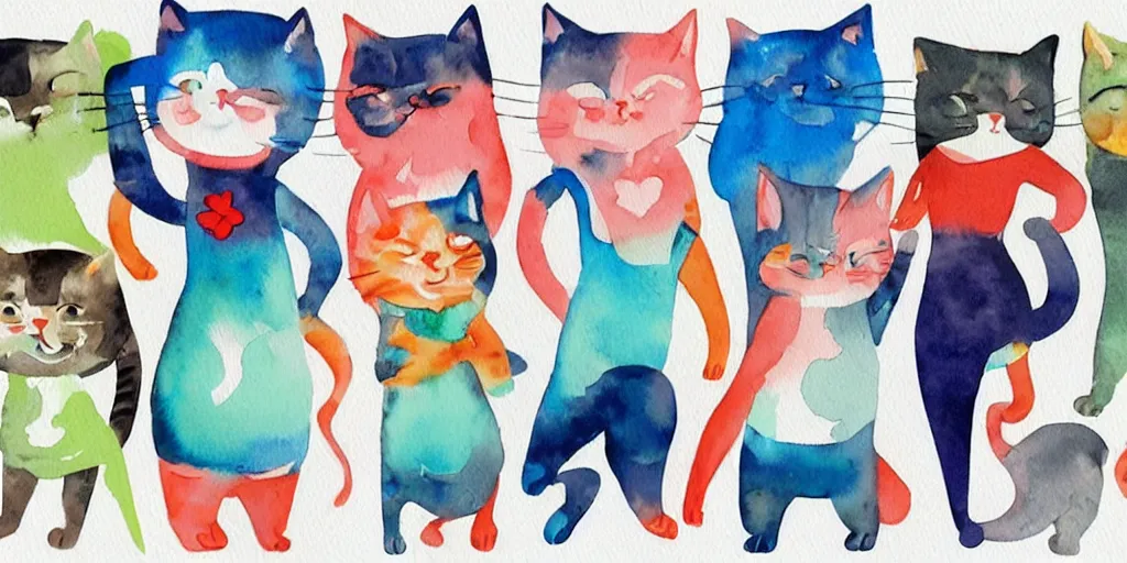 Prompt: watercolor illustration style, cute! cats! training in the fitness studio!