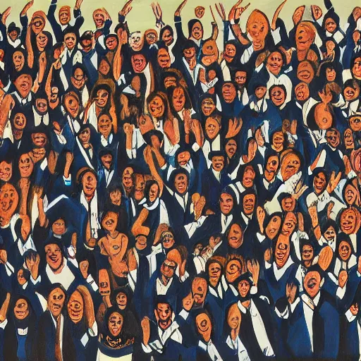 Image similar to A painting of a large group of people cheering at a rising stock chart behind them