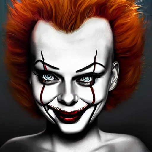 Prompt: surrealism grunge cartoon portrait sketch of margot robbie with a wide smile by - michael karcz, loony toons style, pennywise style, horror theme, detailed, elegant, intricate